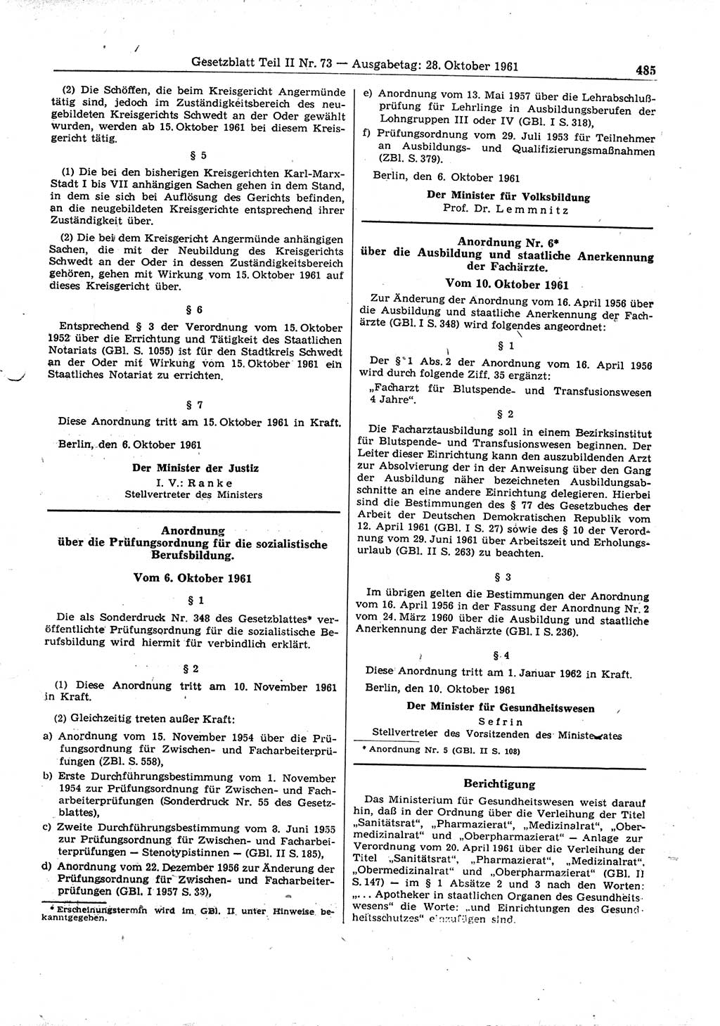 Gesetzblatt (GBl.) der Deutschen Demokratischen Republik (DDR) Teil ⅠⅠ 1961, Seite 485 (GBl. DDR ⅠⅠ 1961, S. 485)