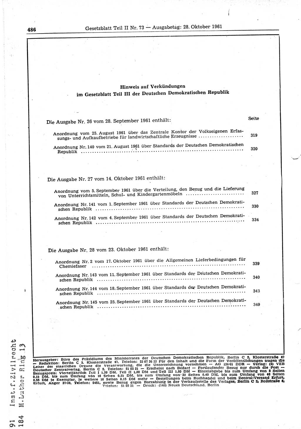 Gesetzblatt (GBl.) der Deutschen Demokratischen Republik (DDR) Teil ⅠⅠ 1961, Seite 486 (GBl. DDR ⅠⅠ 1961, S. 486)