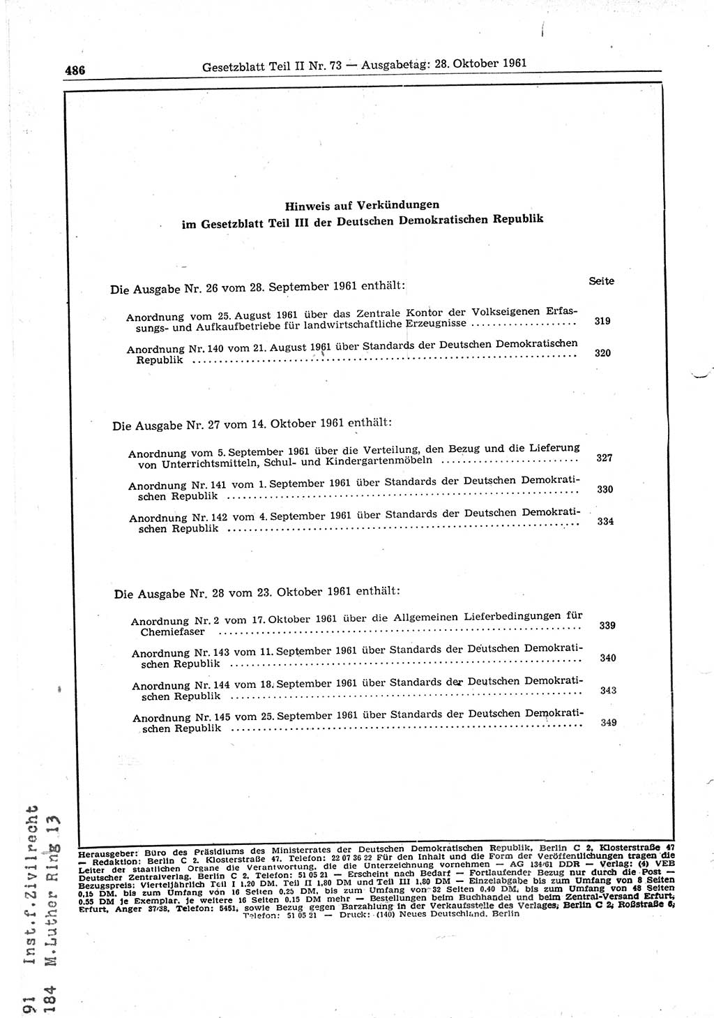 Gesetzblatt (GBl.) der Deutschen Demokratischen Republik (DDR) Teil ⅠⅠ 1961, Seite 486 (GBl. DDR ⅠⅠ 1961, S. 486)