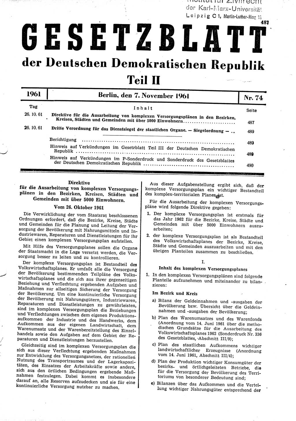 Gesetzblatt (GBl.) der Deutschen Demokratischen Republik (DDR) Teil ⅠⅠ 1961, Seite 487 (GBl. DDR ⅠⅠ 1961, S. 487)