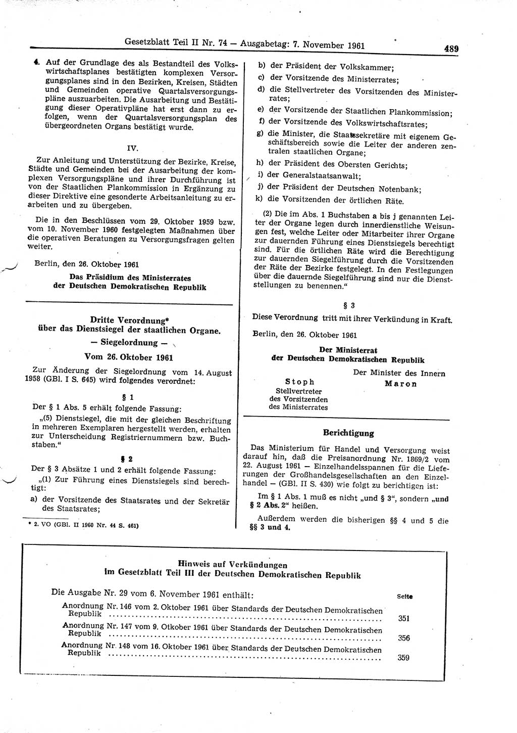 Gesetzblatt (GBl.) der Deutschen Demokratischen Republik (DDR) Teil ⅠⅠ 1961, Seite 489 (GBl. DDR ⅠⅠ 1961, S. 489)