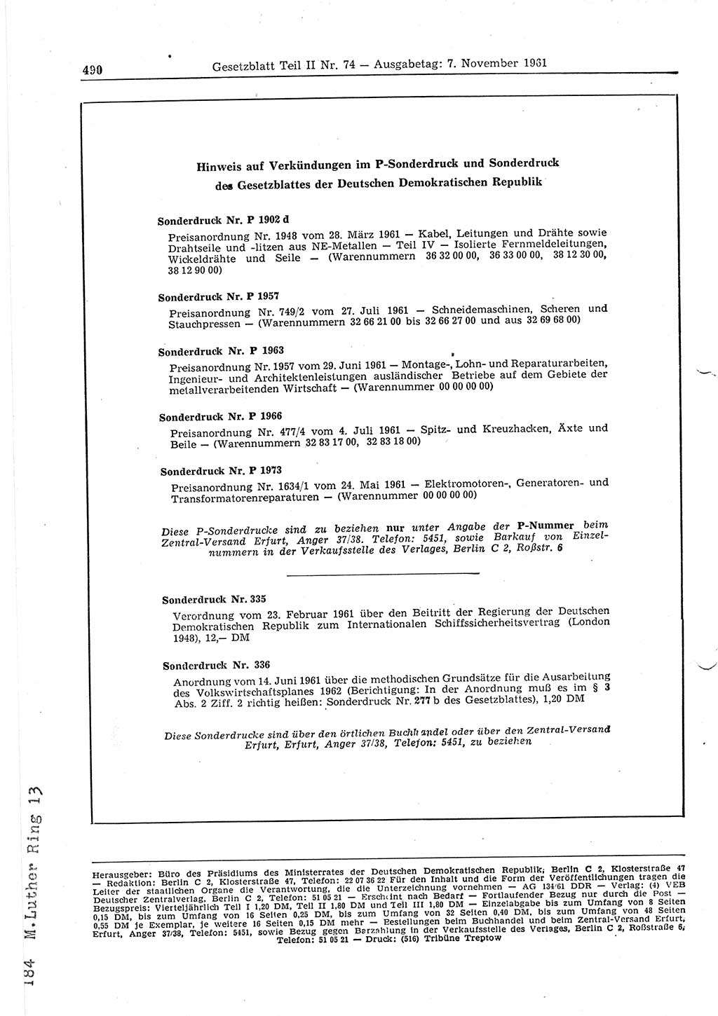 Gesetzblatt (GBl.) der Deutschen Demokratischen Republik (DDR) Teil ⅠⅠ 1961, Seite 490 (GBl. DDR ⅠⅠ 1961, S. 490)