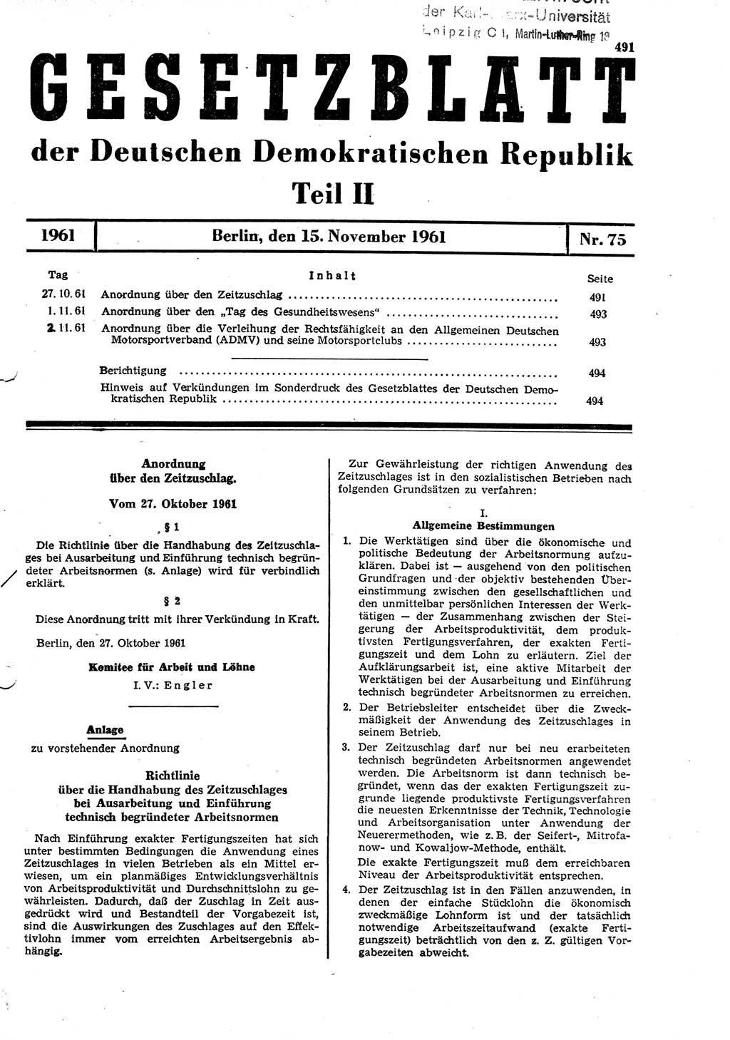 Gesetzblatt (GBl.) der Deutschen Demokratischen Republik (DDR) Teil ⅠⅠ 1961, Seite 491 (GBl. DDR ⅠⅠ 1961, S. 491)