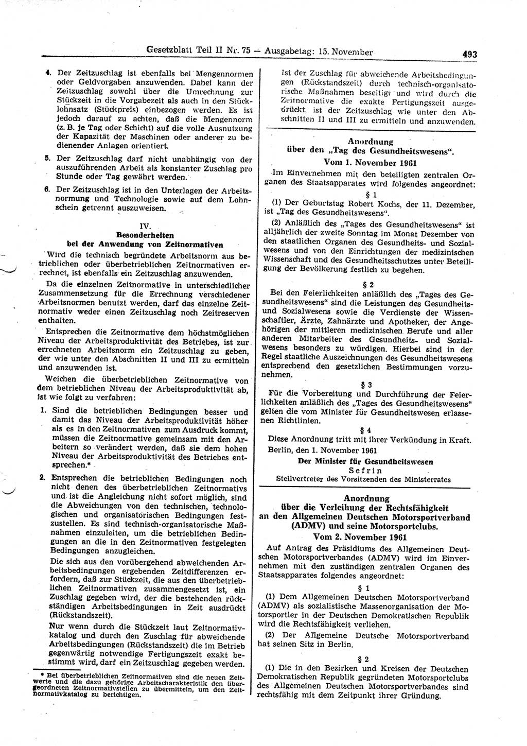 Gesetzblatt (GBl.) der Deutschen Demokratischen Republik (DDR) Teil ⅠⅠ 1961, Seite 493 (GBl. DDR ⅠⅠ 1961, S. 493)