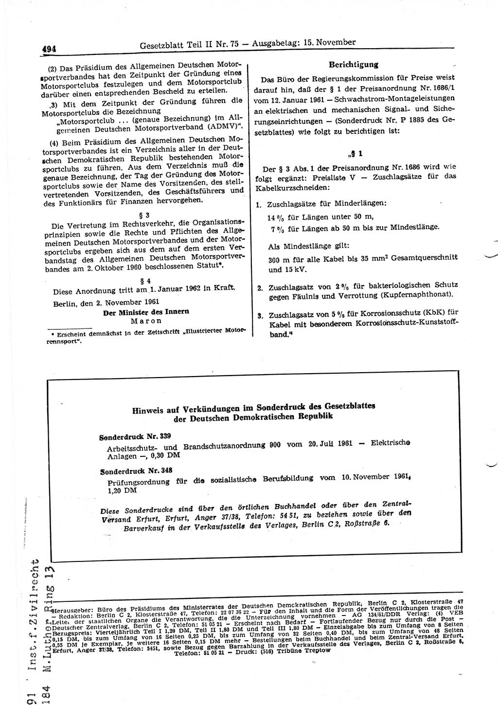 Gesetzblatt (GBl.) der Deutschen Demokratischen Republik (DDR) Teil ⅠⅠ 1961, Seite 494 (GBl. DDR ⅠⅠ 1961, S. 494)