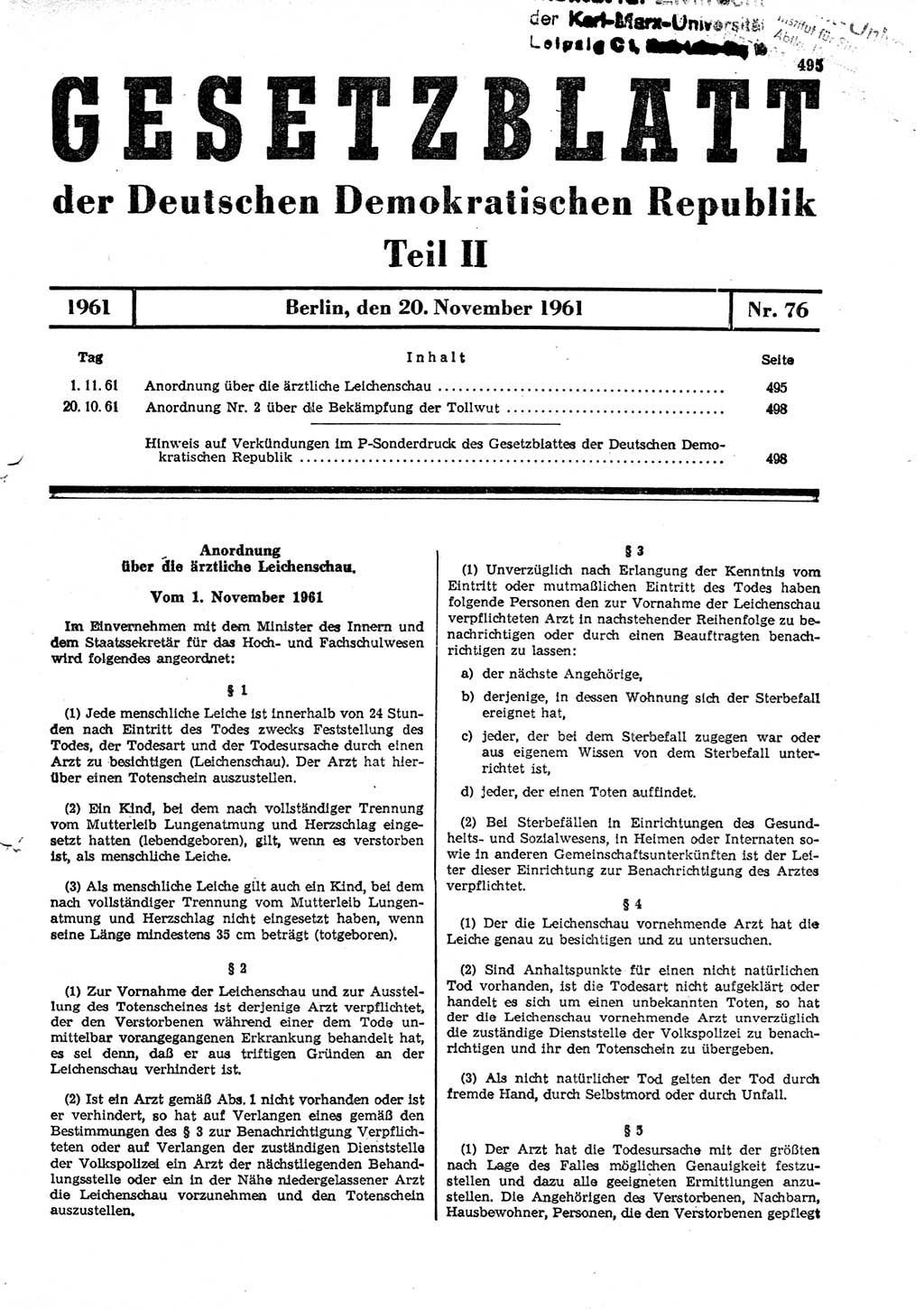 Gesetzblatt (GBl.) der Deutschen Demokratischen Republik (DDR) Teil ⅠⅠ 1961, Seite 495 (GBl. DDR ⅠⅠ 1961, S. 495)