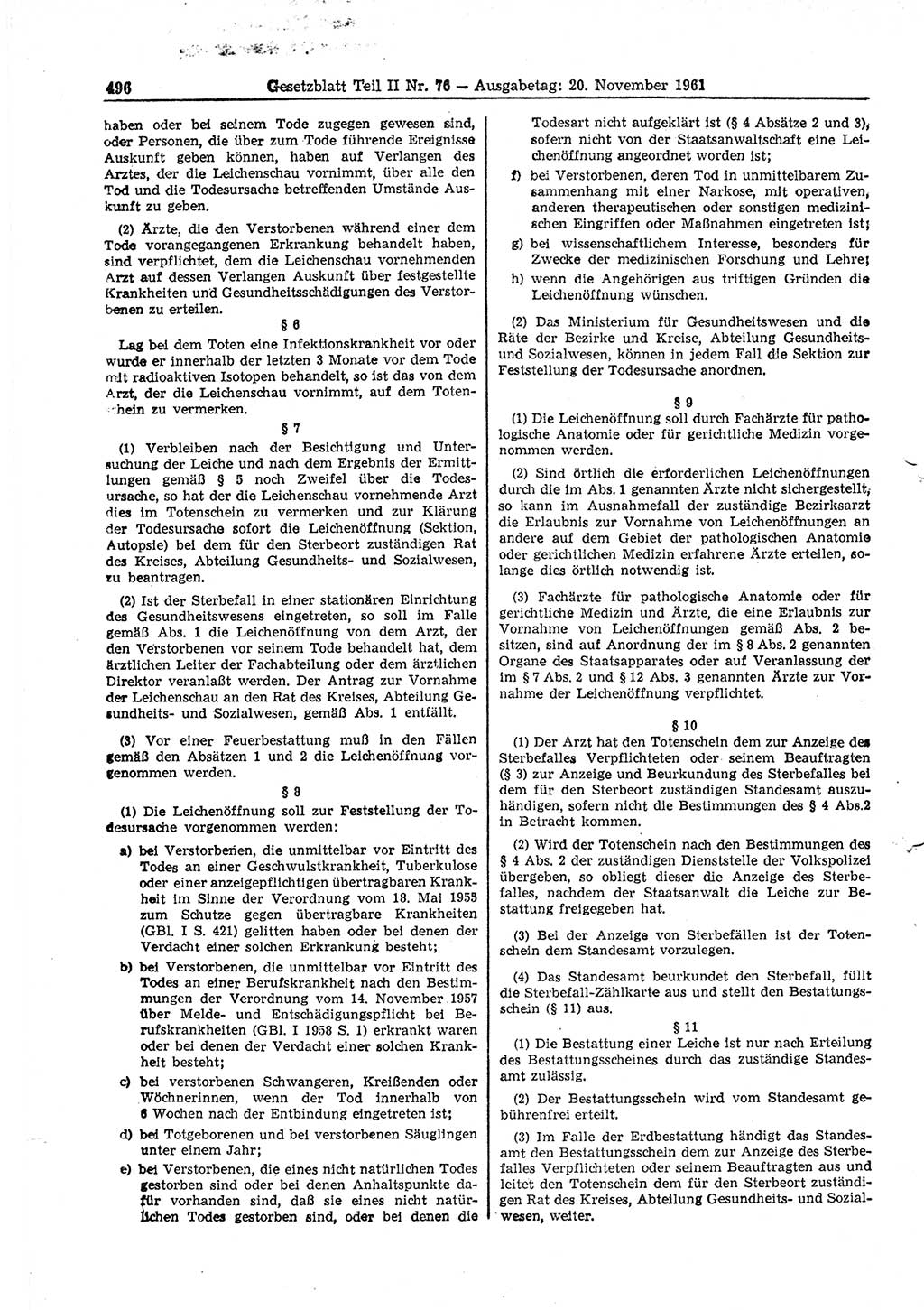 Gesetzblatt (GBl.) der Deutschen Demokratischen Republik (DDR) Teil ⅠⅠ 1961, Seite 496 (GBl. DDR ⅠⅠ 1961, S. 496)