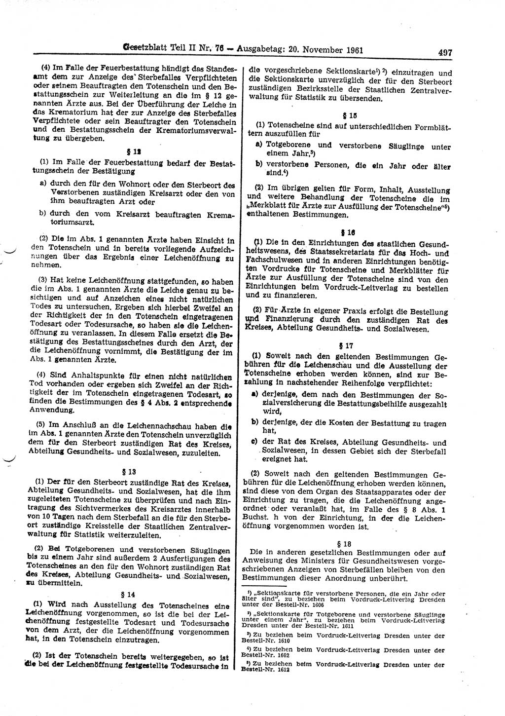 Gesetzblatt (GBl.) der Deutschen Demokratischen Republik (DDR) Teil ⅠⅠ 1961, Seite 497 (GBl. DDR ⅠⅠ 1961, S. 497)