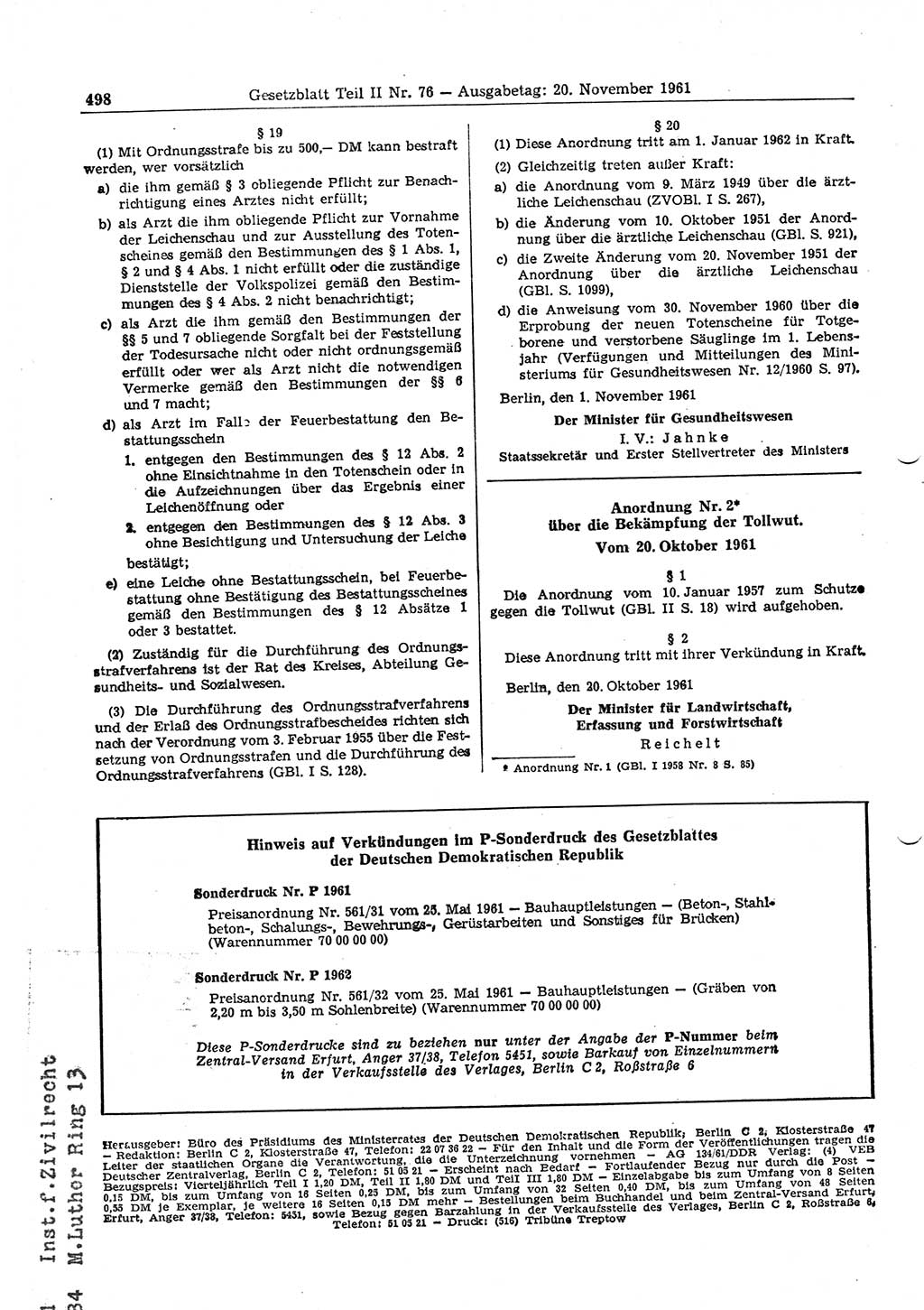Gesetzblatt (GBl.) der Deutschen Demokratischen Republik (DDR) Teil ⅠⅠ 1961, Seite 498 (GBl. DDR ⅠⅠ 1961, S. 498)