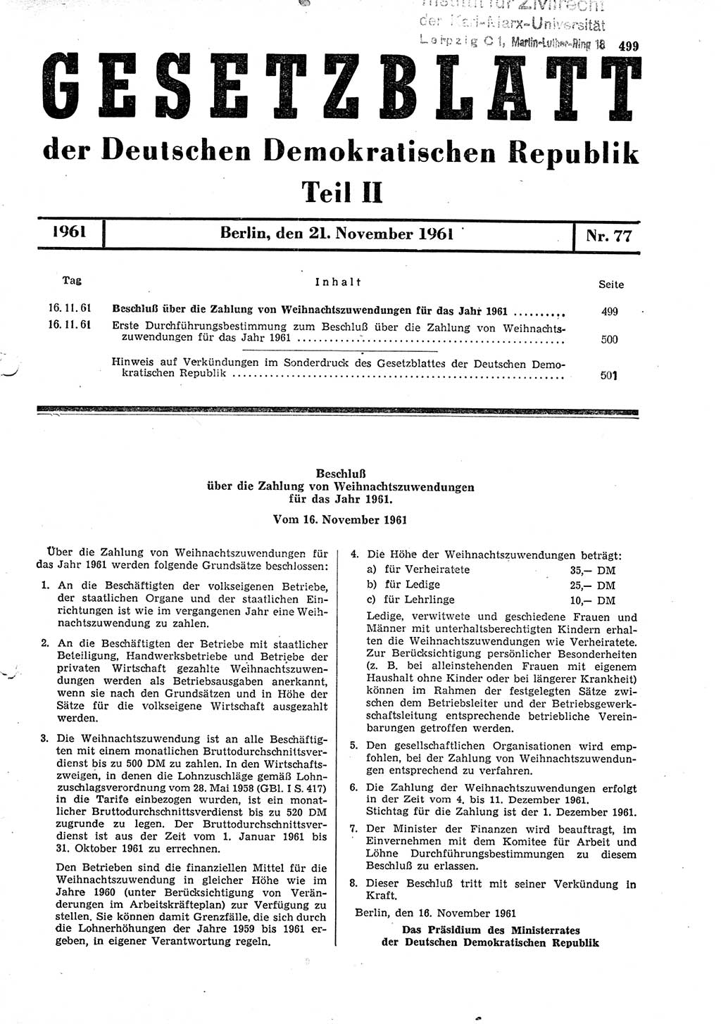 Gesetzblatt (GBl.) der Deutschen Demokratischen Republik (DDR) Teil ⅠⅠ 1961, Seite 499 (GBl. DDR ⅠⅠ 1961, S. 499)