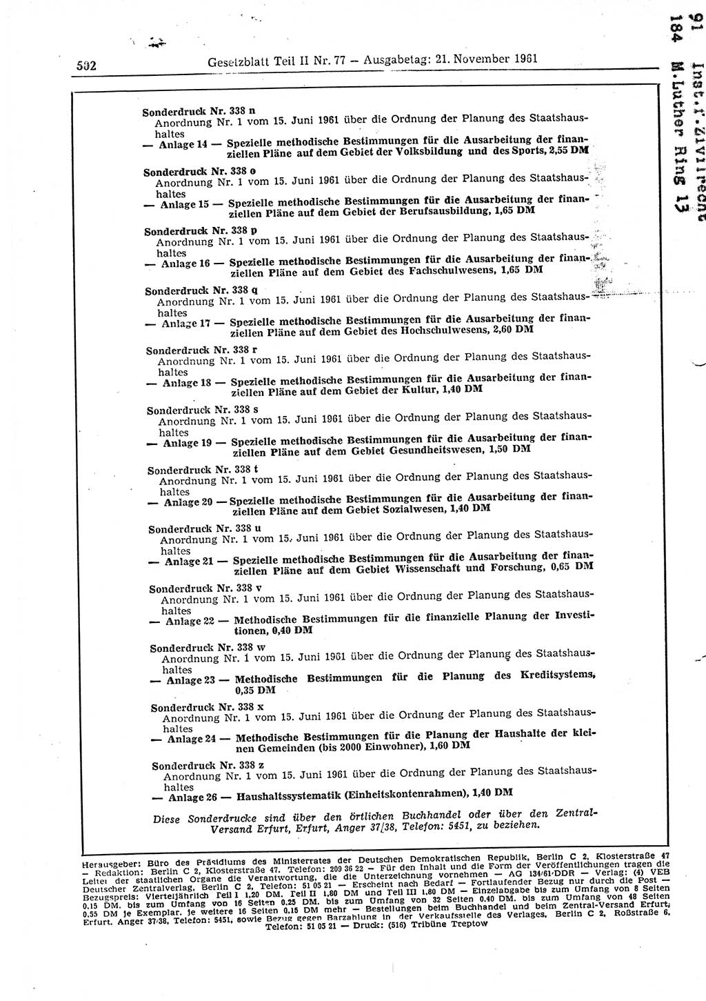 Gesetzblatt (GBl.) der Deutschen Demokratischen Republik (DDR) Teil ⅠⅠ 1961, Seite 502 (GBl. DDR ⅠⅠ 1961, S. 502)