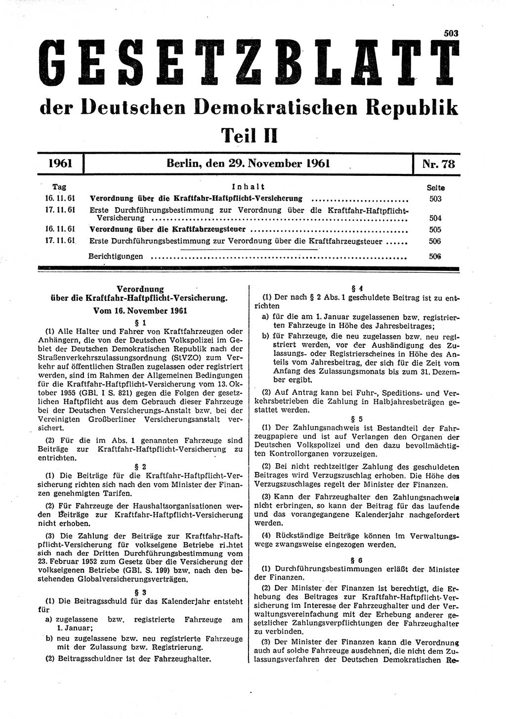 Gesetzblatt (GBl.) der Deutschen Demokratischen Republik (DDR) Teil ⅠⅠ 1961, Seite 503 (GBl. DDR ⅠⅠ 1961, S. 503)