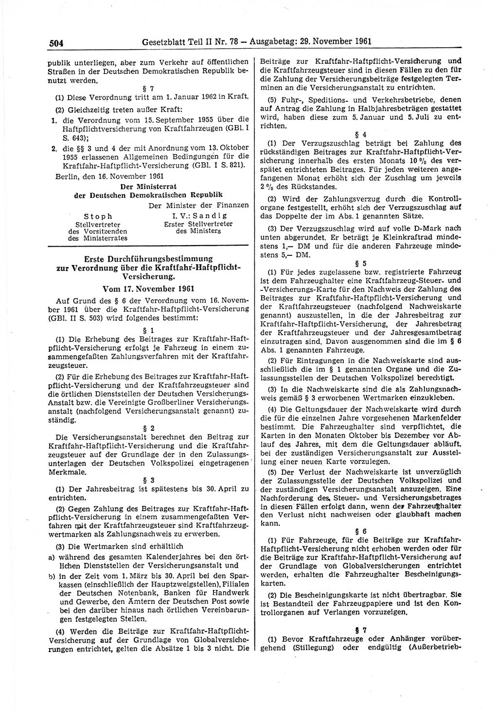 Gesetzblatt (GBl.) der Deutschen Demokratischen Republik (DDR) Teil ⅠⅠ 1961, Seite 504 (GBl. DDR ⅠⅠ 1961, S. 504)