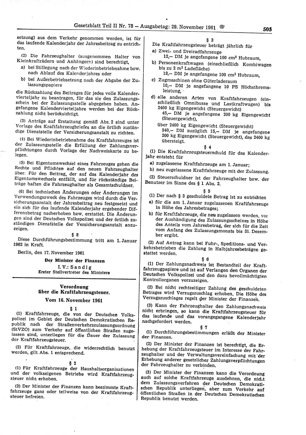 Gesetzblatt (GBl.) der Deutschen Demokratischen Republik (DDR) Teil ⅠⅠ 1961, Seite 505 (GBl. DDR ⅠⅠ 1961, S. 505)