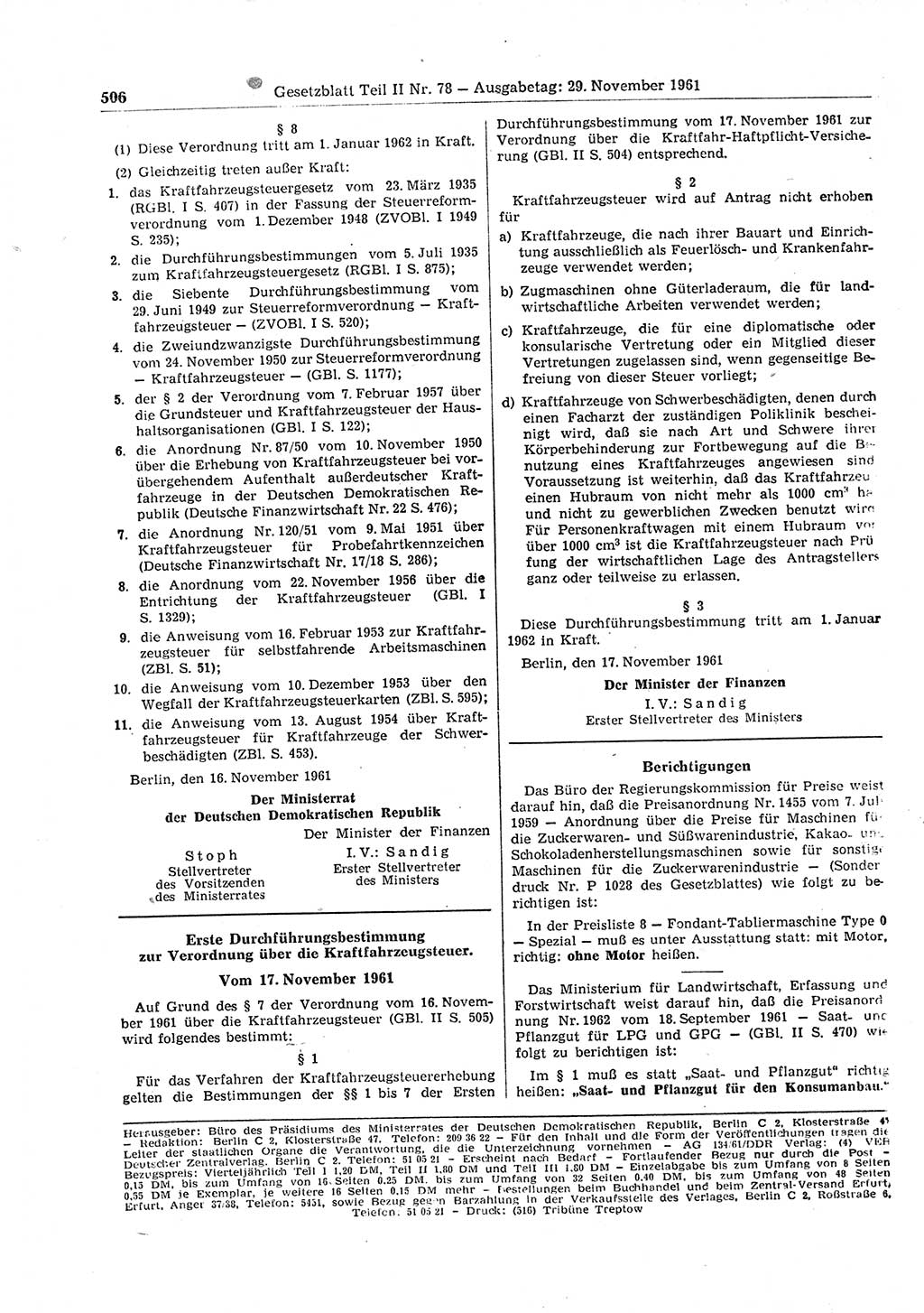 Gesetzblatt (GBl.) der Deutschen Demokratischen Republik (DDR) Teil ⅠⅠ 1961, Seite 506 (GBl. DDR ⅠⅠ 1961, S. 506)