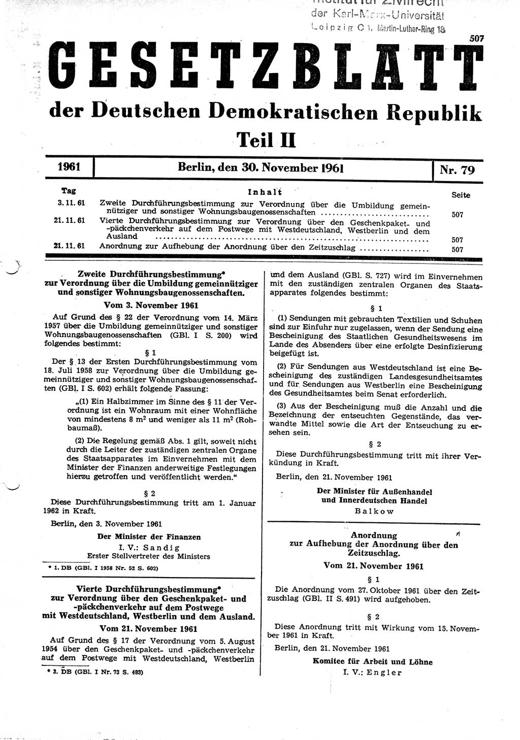 Gesetzblatt (GBl.) der Deutschen Demokratischen Republik (DDR) Teil ⅠⅠ 1961, Seite 507 (GBl. DDR ⅠⅠ 1961, S. 507)