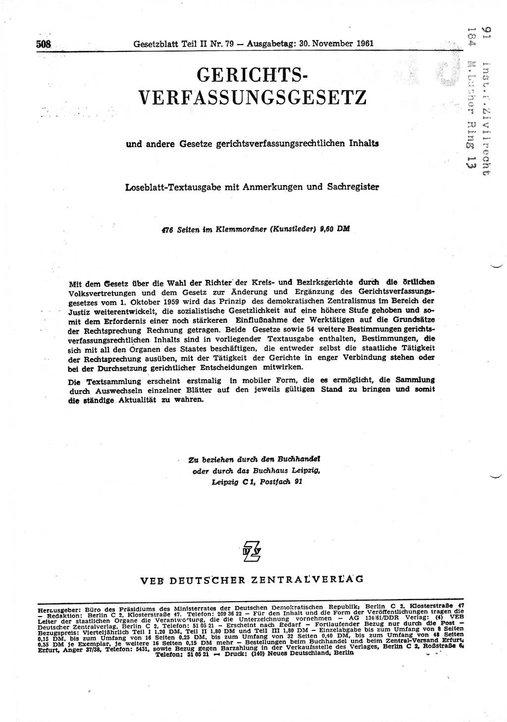 Gesetzblatt (GBl.) der Deutschen Demokratischen Republik (DDR) Teil ⅠⅠ 1961, Seite 508 (GBl. DDR ⅠⅠ 1961, S. 508)