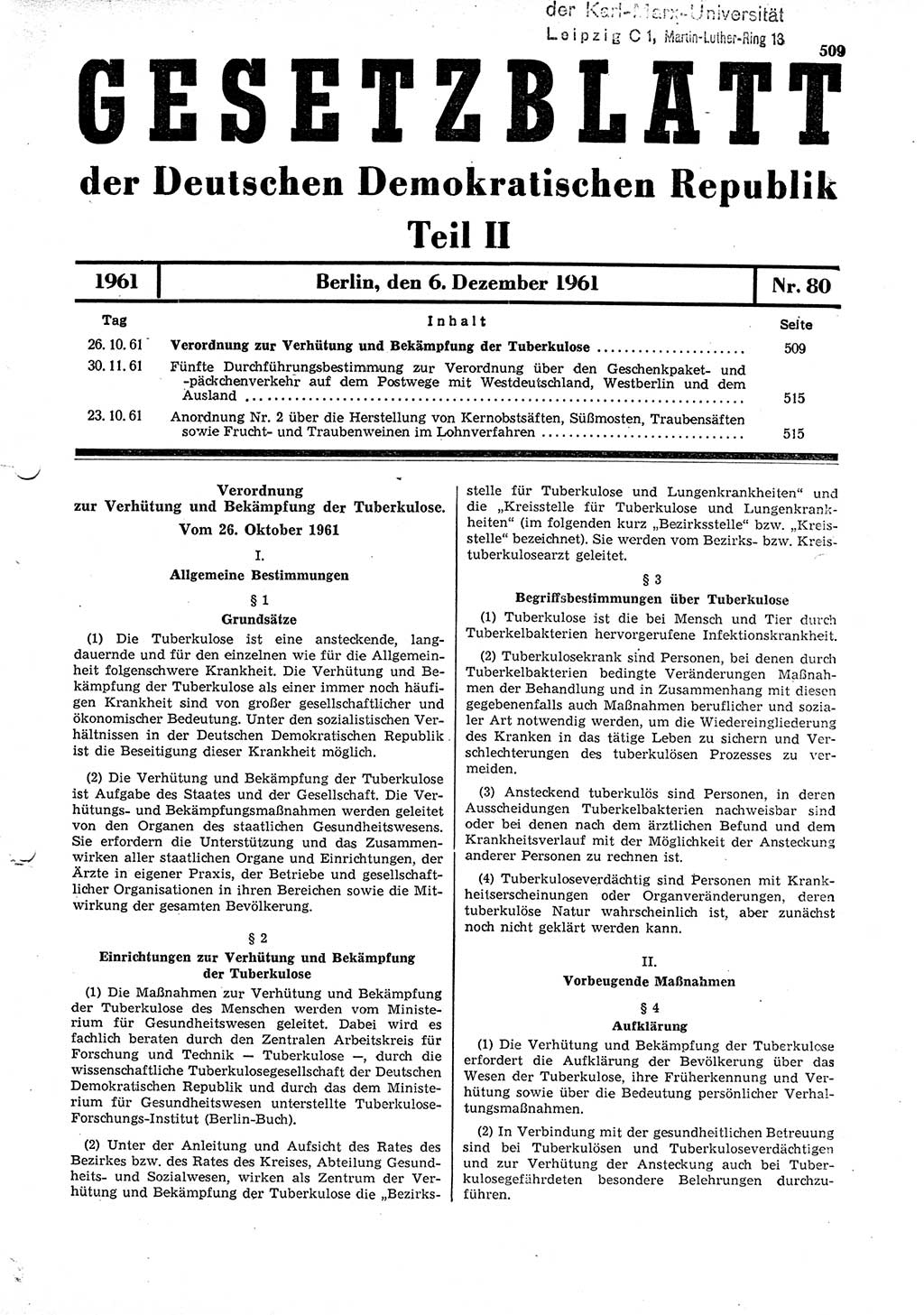 Gesetzblatt (GBl.) der Deutschen Demokratischen Republik (DDR) Teil ⅠⅠ 1961, Seite 509 (GBl. DDR ⅠⅠ 1961, S. 509)