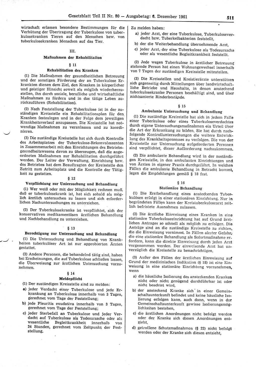 Gesetzblatt (GBl.) der Deutschen Demokratischen Republik (DDR) Teil ⅠⅠ 1961, Seite 511 (GBl. DDR ⅠⅠ 1961, S. 511)
