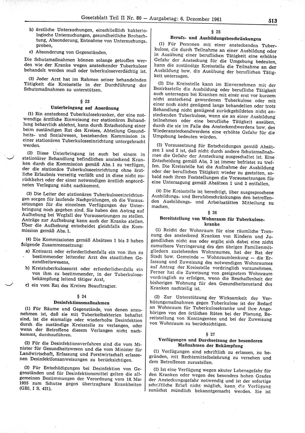 Gesetzblatt (GBl.) der Deutschen Demokratischen Republik (DDR) Teil ⅠⅠ 1961, Seite 513 (GBl. DDR ⅠⅠ 1961, S. 513)