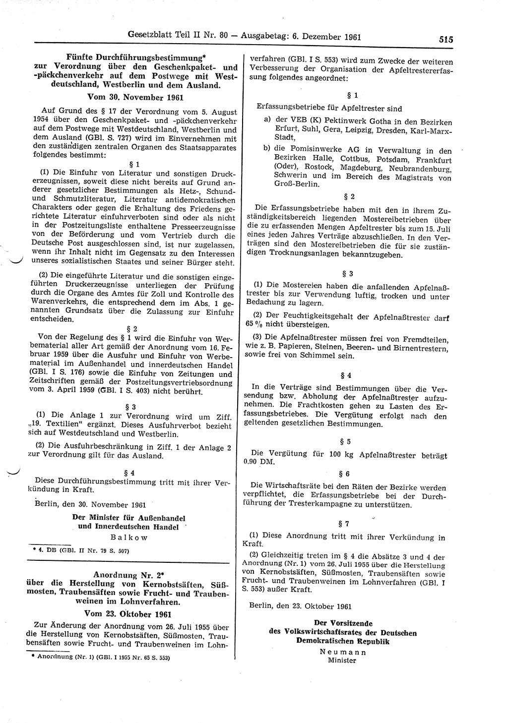 Gesetzblatt (GBl.) der Deutschen Demokratischen Republik (DDR) Teil ⅠⅠ 1961, Seite 515 (GBl. DDR ⅠⅠ 1961, S. 515)