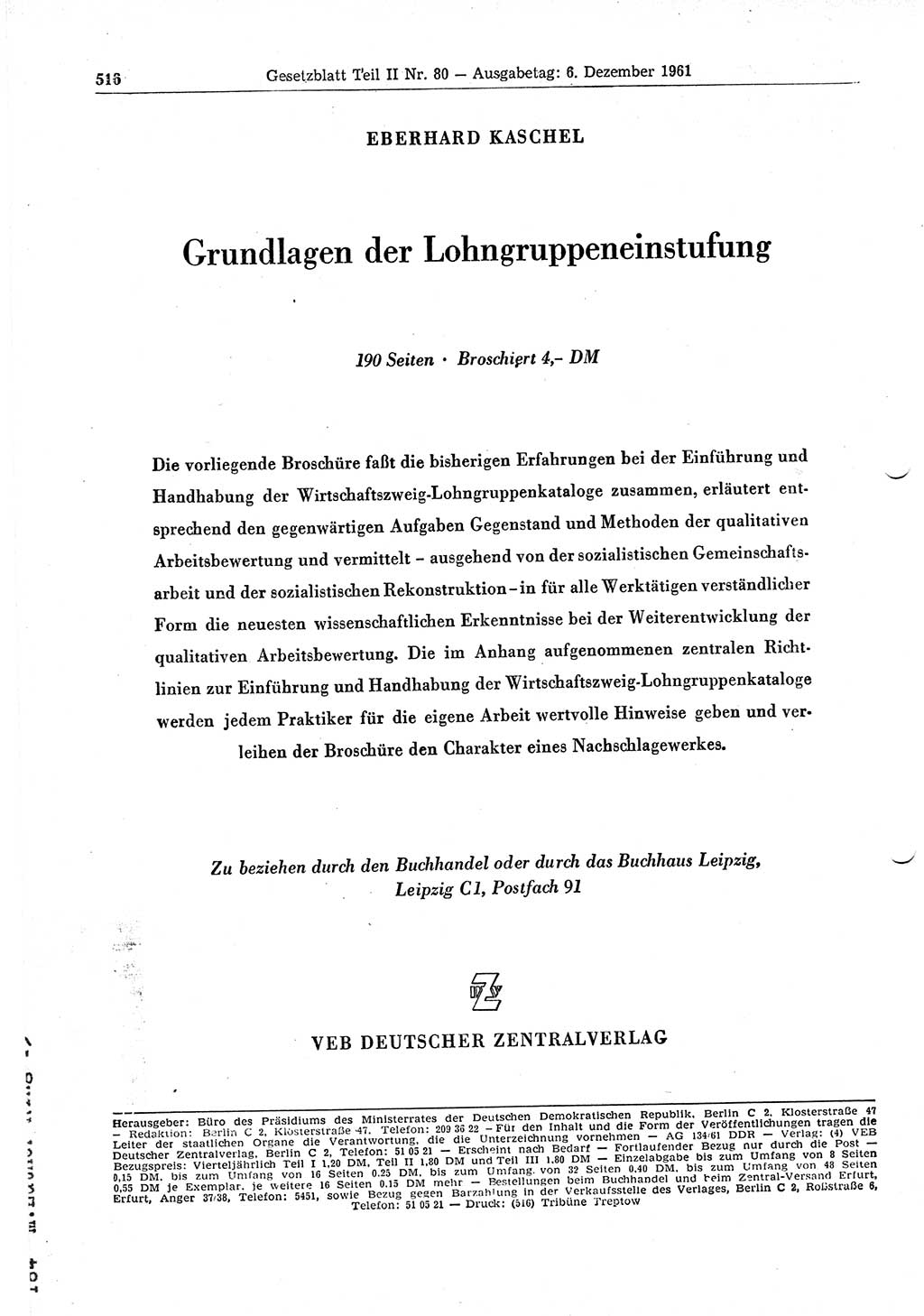 Gesetzblatt (GBl.) der Deutschen Demokratischen Republik (DDR) Teil ⅠⅠ 1961, Seite 516 (GBl. DDR ⅠⅠ 1961, S. 516)