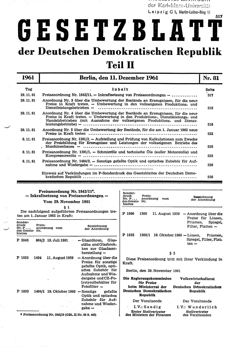 Gesetzblatt (GBl.) der Deutschen Demokratischen Republik (DDR) Teil ⅠⅠ 1961, Seite 517 (GBl. DDR ⅠⅠ 1961, S. 517)