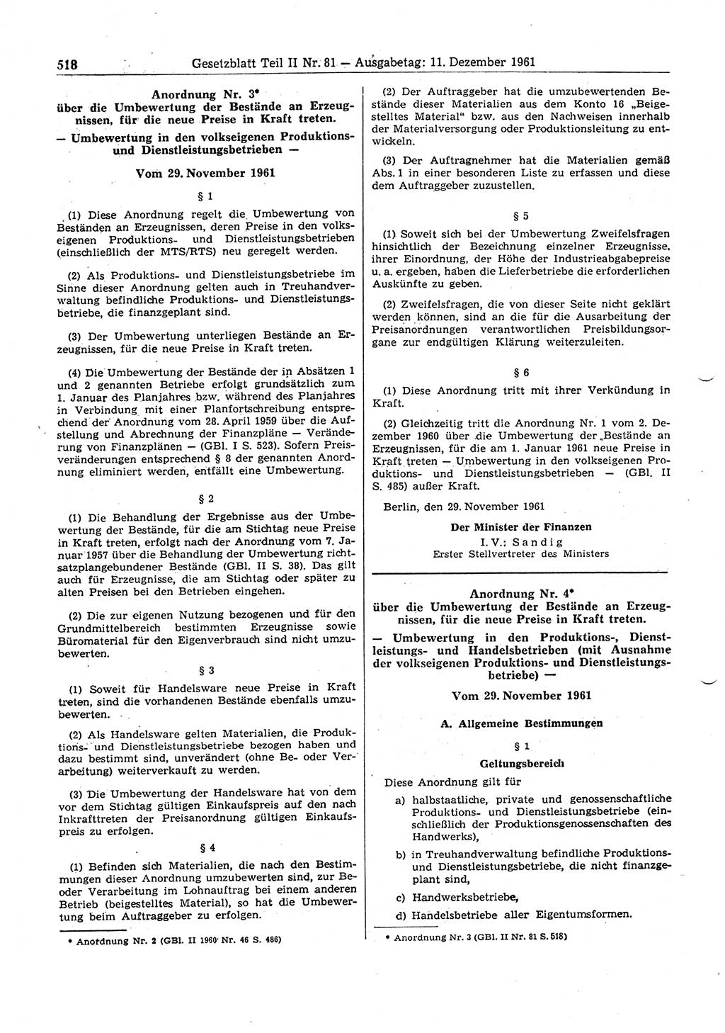 Gesetzblatt (GBl.) der Deutschen Demokratischen Republik (DDR) Teil ⅠⅠ 1961, Seite 518 (GBl. DDR ⅠⅠ 1961, S. 518)