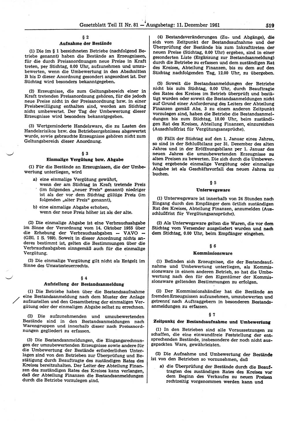 Gesetzblatt (GBl.) der Deutschen Demokratischen Republik (DDR) Teil ⅠⅠ 1961, Seite 519 (GBl. DDR ⅠⅠ 1961, S. 519)