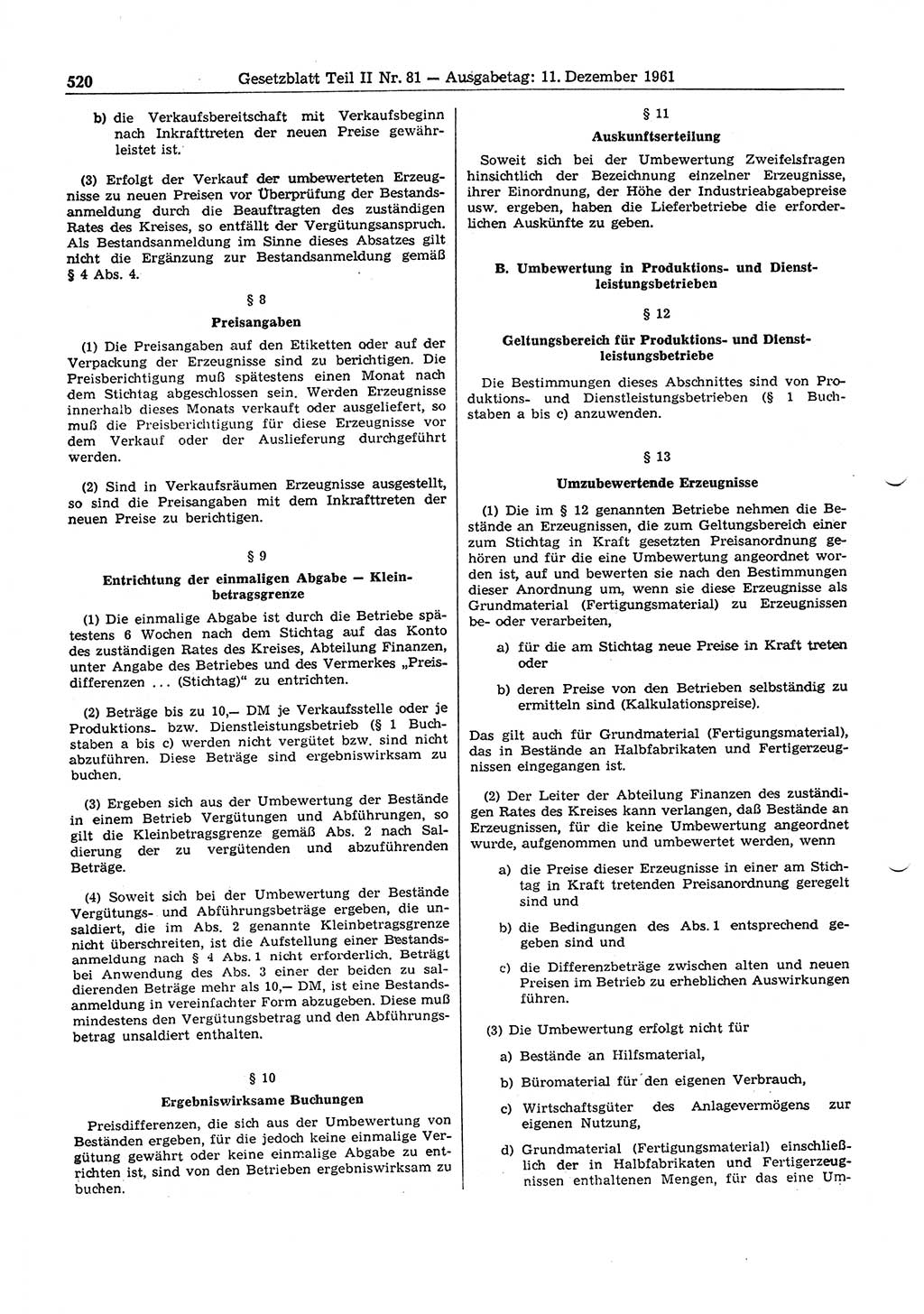Gesetzblatt (GBl.) der Deutschen Demokratischen Republik (DDR) Teil ⅠⅠ 1961, Seite 520 (GBl. DDR ⅠⅠ 1961, S. 520)