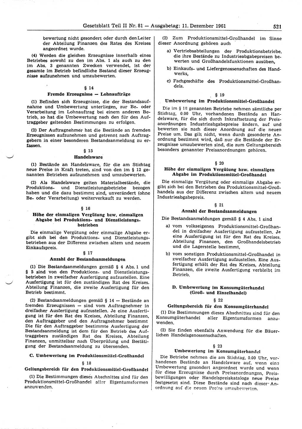 Gesetzblatt (GBl.) der Deutschen Demokratischen Republik (DDR) Teil ⅠⅠ 1961, Seite 521 (GBl. DDR ⅠⅠ 1961, S. 521)