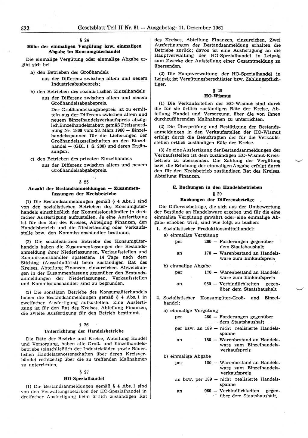 Gesetzblatt (GBl.) der Deutschen Demokratischen Republik (DDR) Teil ⅠⅠ 1961, Seite 522 (GBl. DDR ⅠⅠ 1961, S. 522)