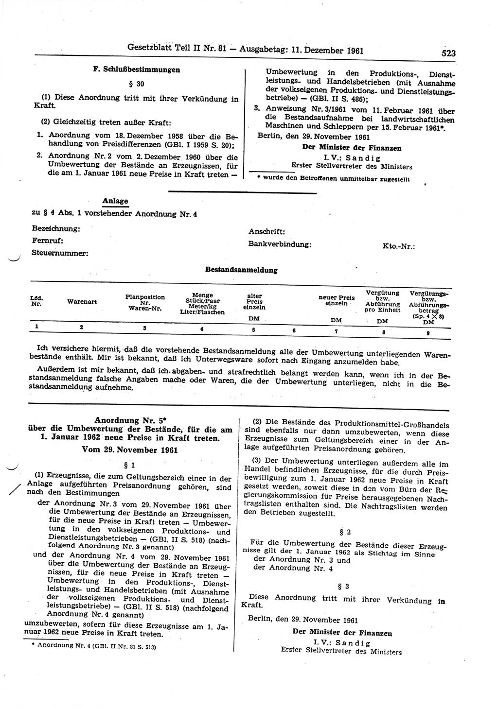 Gesetzblatt (GBl.) der Deutschen Demokratischen Republik (DDR) Teil ⅠⅠ 1961, Seite 523 (GBl. DDR ⅠⅠ 1961, S. 523)