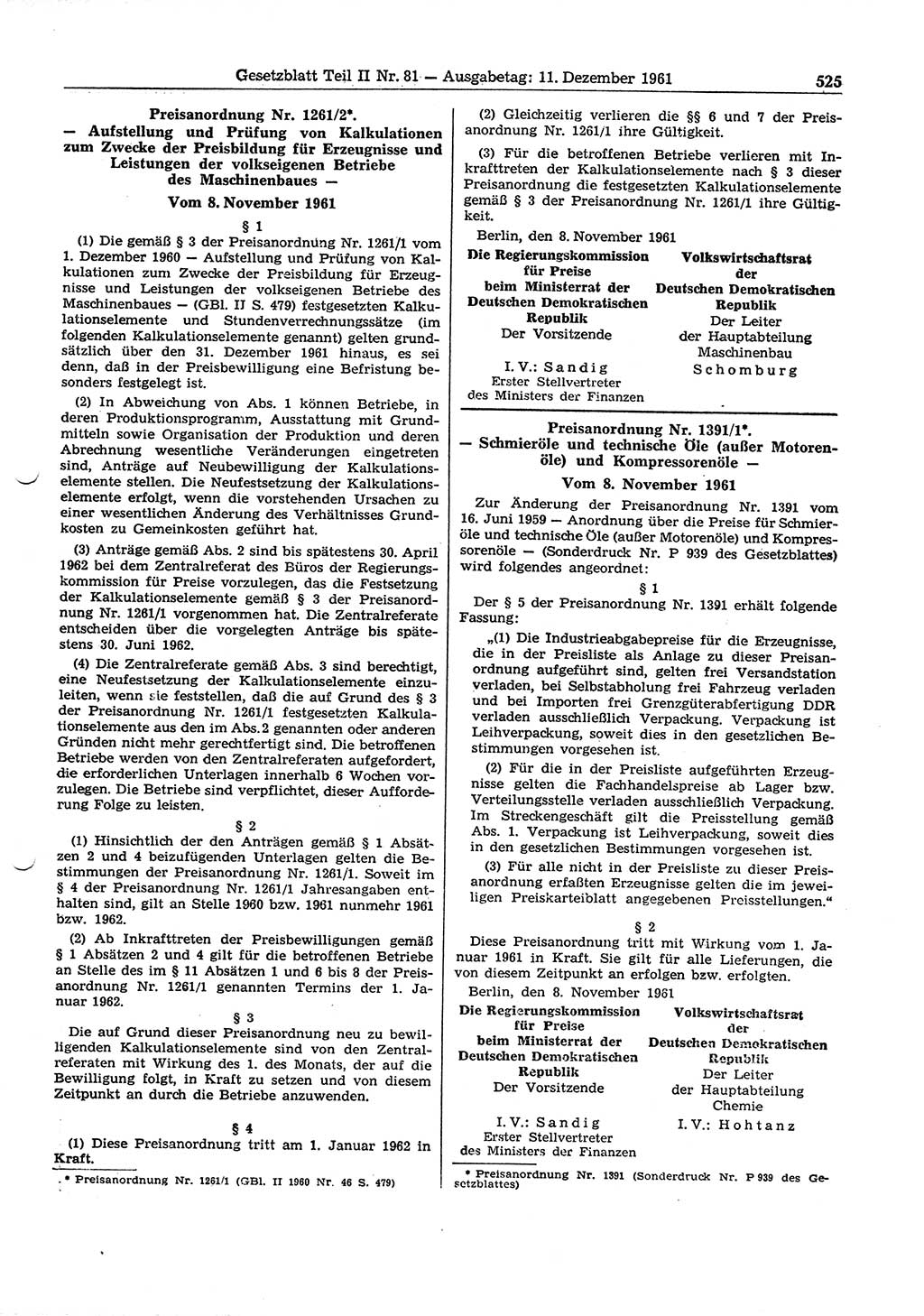 Gesetzblatt (GBl.) der Deutschen Demokratischen Republik (DDR) Teil ⅠⅠ 1961, Seite 525 (GBl. DDR ⅠⅠ 1961, S. 525)