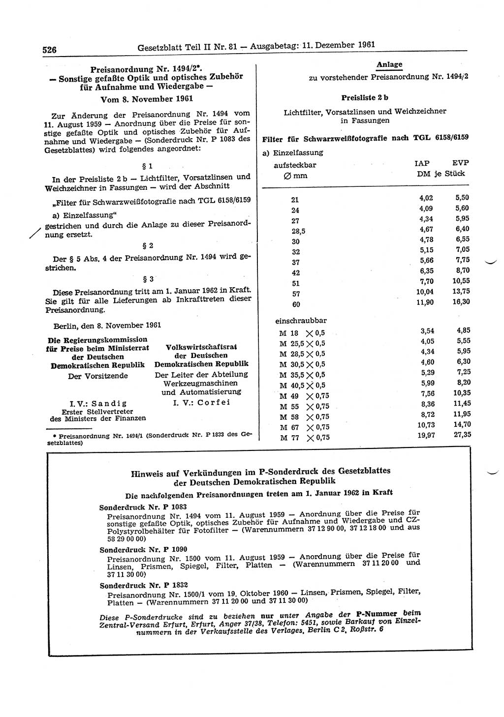 Gesetzblatt (GBl.) der Deutschen Demokratischen Republik (DDR) Teil ⅠⅠ 1961, Seite 526 (GBl. DDR ⅠⅠ 1961, S. 526)