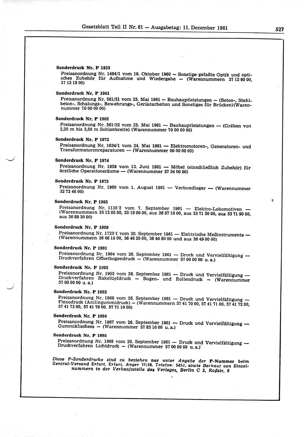 Gesetzblatt (GBl.) der Deutschen Demokratischen Republik (DDR) Teil ⅠⅠ 1961, Seite 527 (GBl. DDR ⅠⅠ 1961, S. 527)