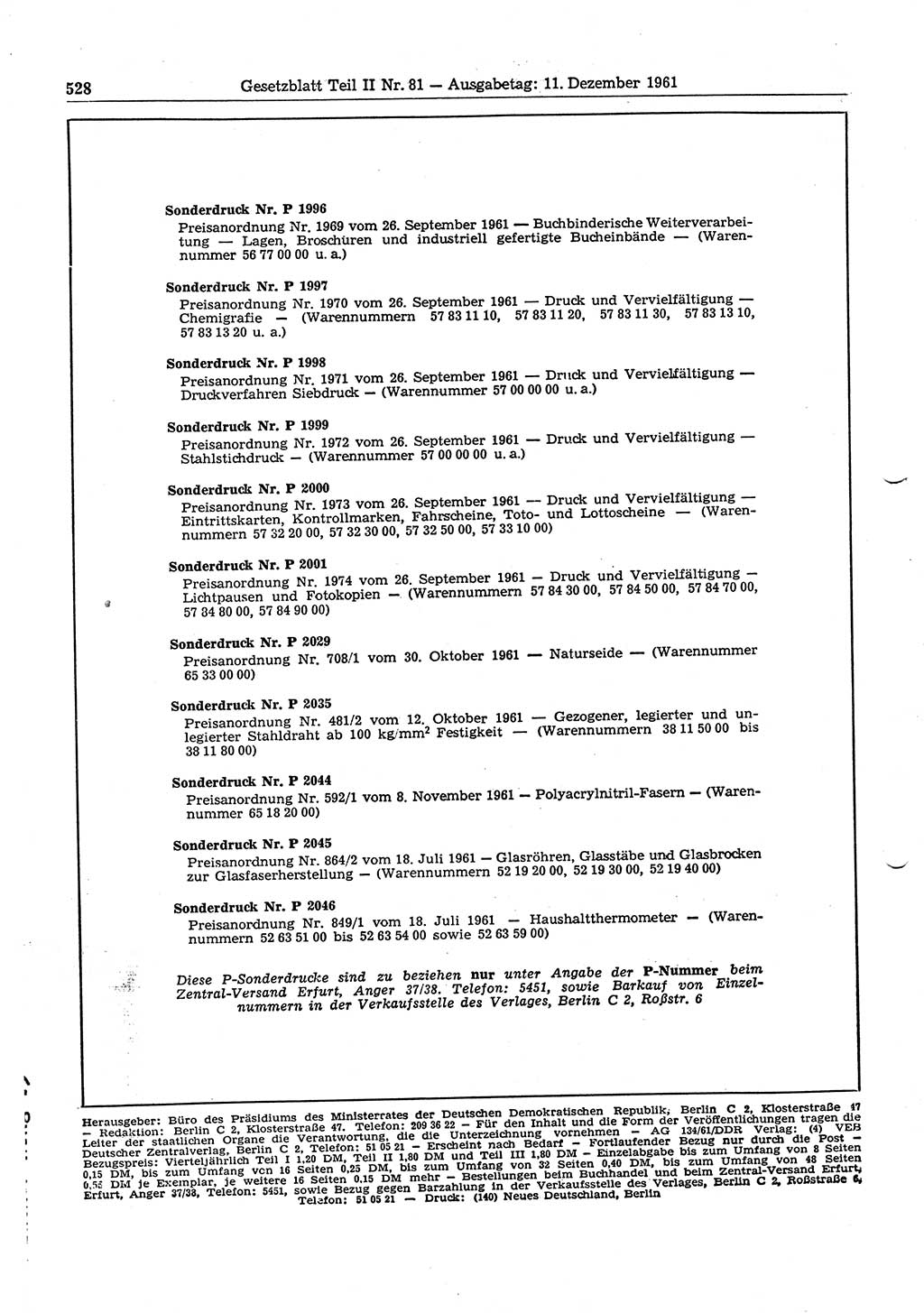 Gesetzblatt (GBl.) der Deutschen Demokratischen Republik (DDR) Teil ⅠⅠ 1961, Seite 528 (GBl. DDR ⅠⅠ 1961, S. 528)