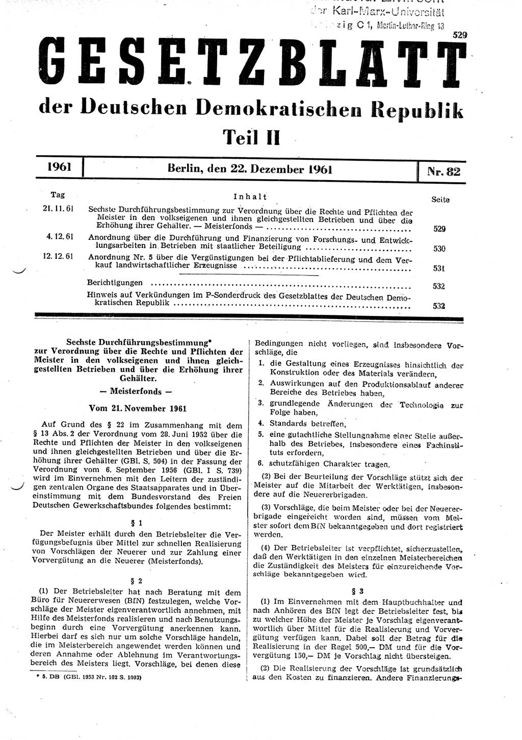 Gesetzblatt (GBl.) der Deutschen Demokratischen Republik (DDR) Teil ⅠⅠ 1961, Seite 529 (GBl. DDR ⅠⅠ 1961, S. 529)