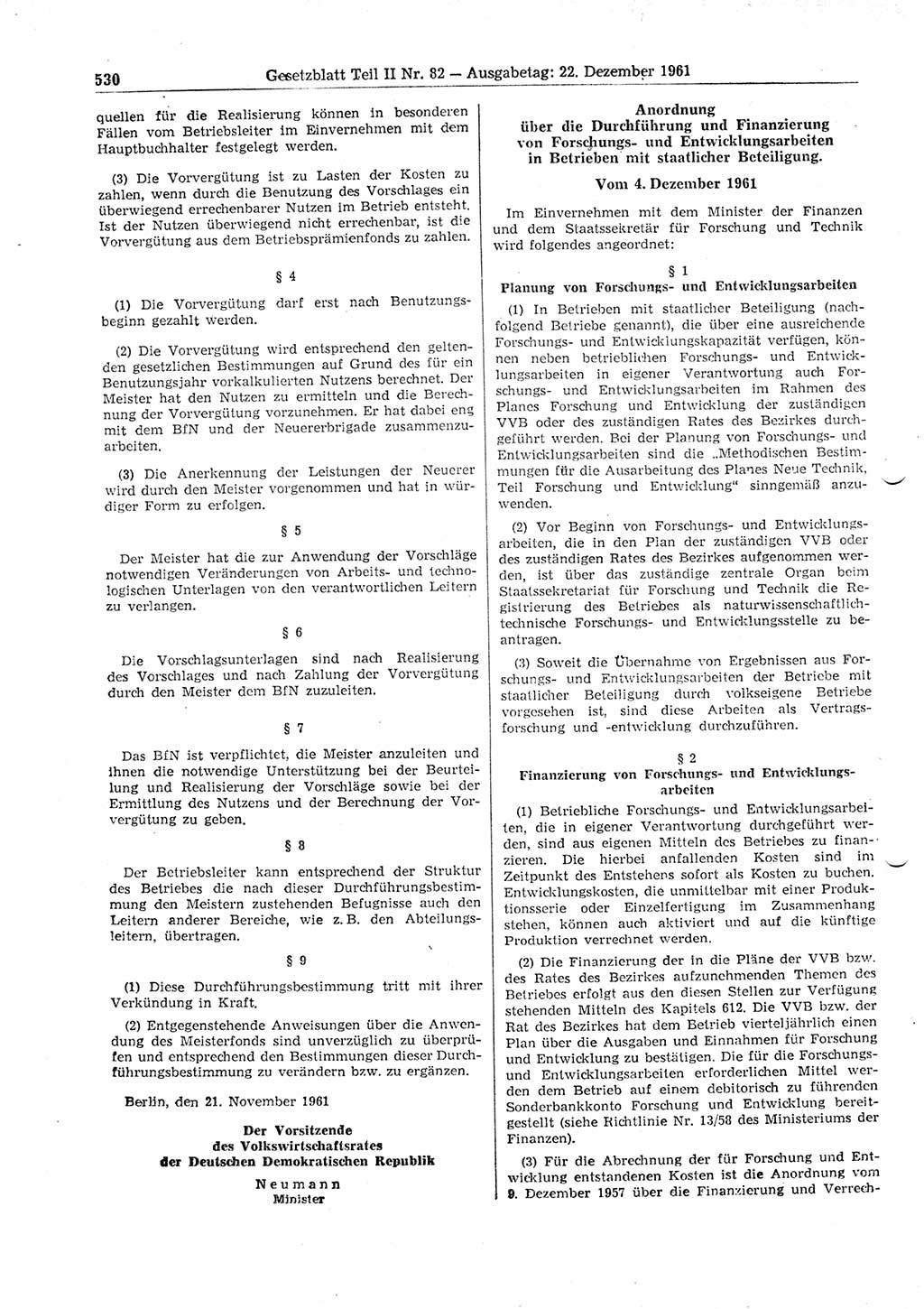 Gesetzblatt (GBl.) der Deutschen Demokratischen Republik (DDR) Teil ⅠⅠ 1961, Seite 530 (GBl. DDR ⅠⅠ 1961, S. 530)