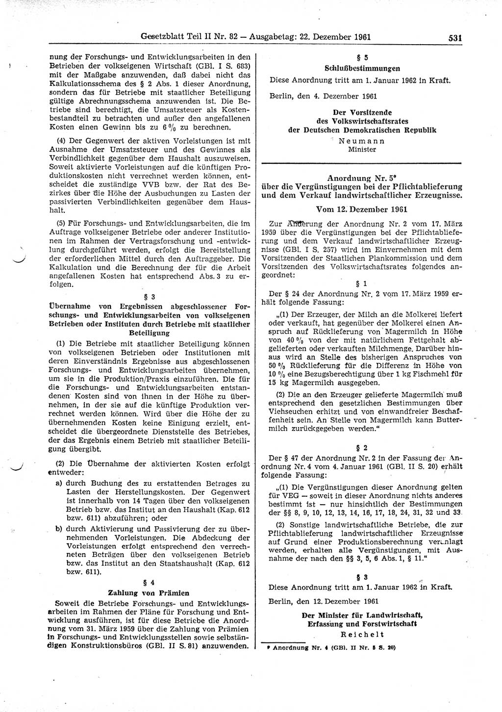 Gesetzblatt (GBl.) der Deutschen Demokratischen Republik (DDR) Teil ⅠⅠ 1961, Seite 531 (GBl. DDR ⅠⅠ 1961, S. 531)