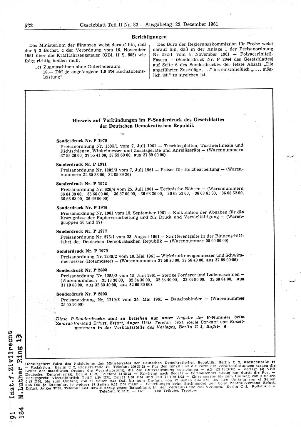 Gesetzblatt (GBl.) der Deutschen Demokratischen Republik (DDR) Teil ⅠⅠ 1961, Seite 532 (GBl. DDR ⅠⅠ 1961, S. 532)