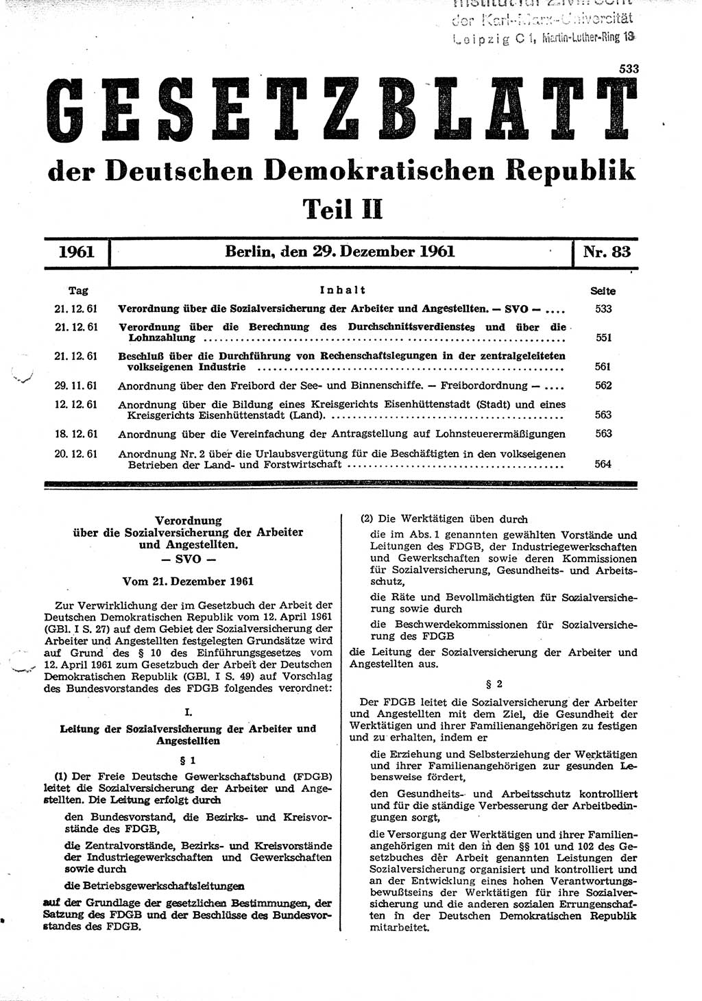 Gesetzblatt (GBl.) der Deutschen Demokratischen Republik (DDR) Teil ⅠⅠ 1961, Seite 533 (GBl. DDR ⅠⅠ 1961, S. 533)