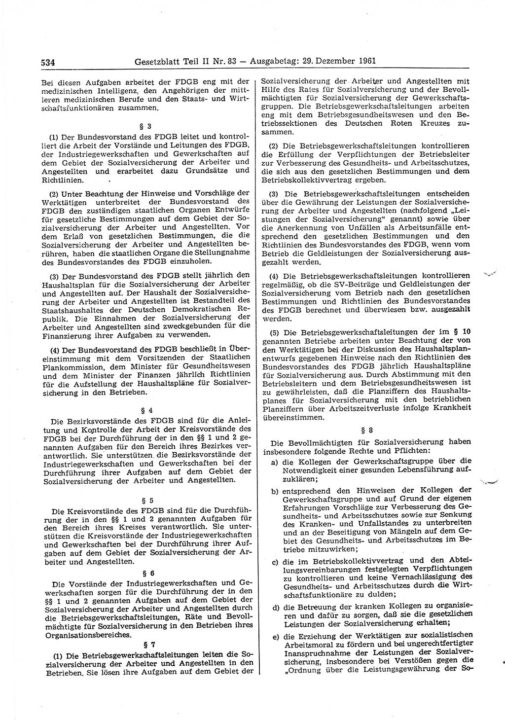 Gesetzblatt (GBl.) der Deutschen Demokratischen Republik (DDR) Teil ⅠⅠ 1961, Seite 534 (GBl. DDR ⅠⅠ 1961, S. 534)