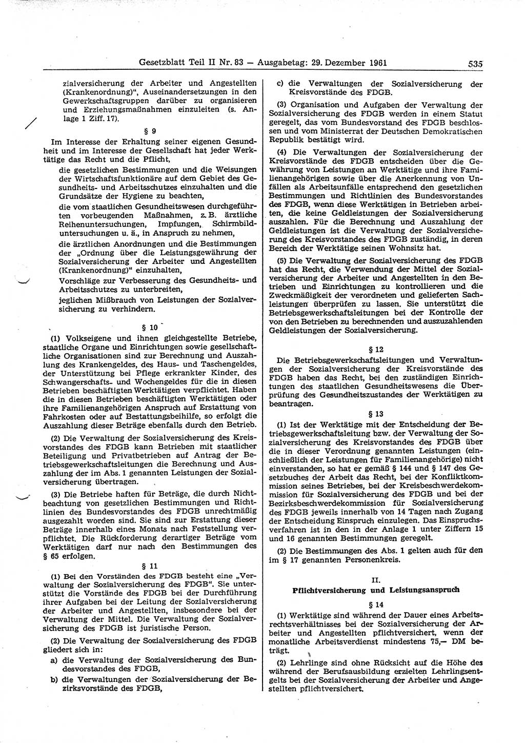 Gesetzblatt (GBl.) der Deutschen Demokratischen Republik (DDR) Teil ⅠⅠ 1961, Seite 535 (GBl. DDR ⅠⅠ 1961, S. 535)