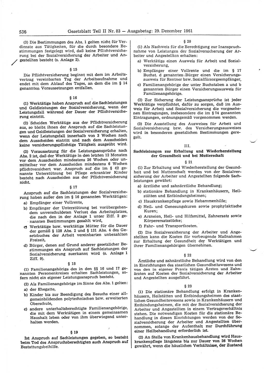 Gesetzblatt (GBl.) der Deutschen Demokratischen Republik (DDR) Teil ⅠⅠ 1961, Seite 536 (GBl. DDR ⅠⅠ 1961, S. 536)