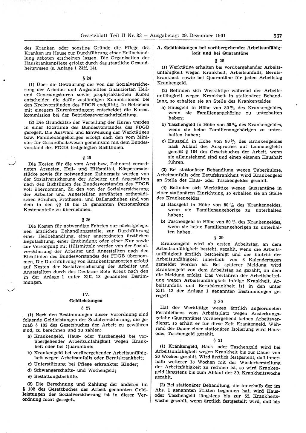 Gesetzblatt (GBl.) der Deutschen Demokratischen Republik (DDR) Teil ⅠⅠ 1961, Seite 537 (GBl. DDR ⅠⅠ 1961, S. 537)