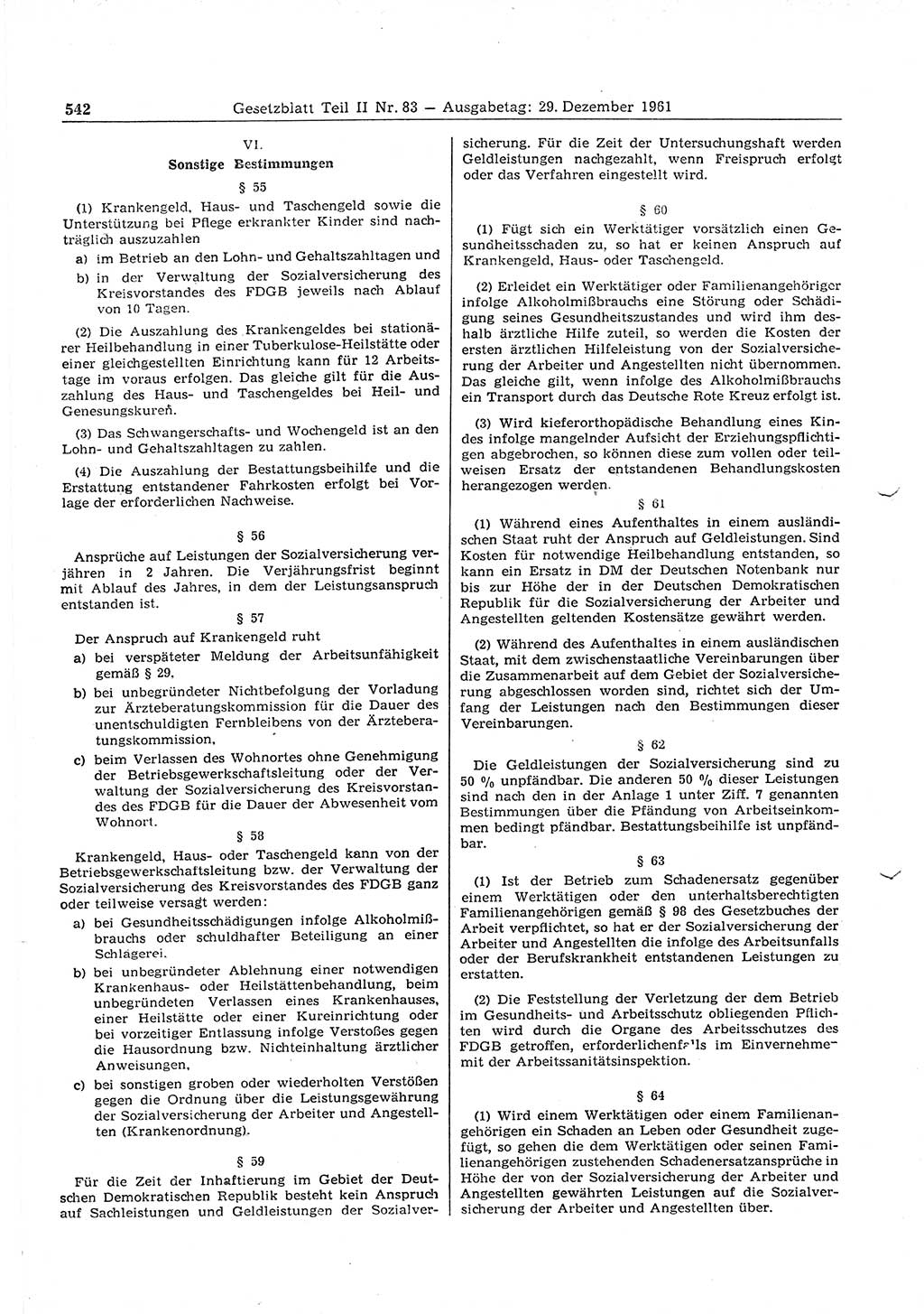 Gesetzblatt (GBl.) der Deutschen Demokratischen Republik (DDR) Teil ⅠⅠ 1961, Seite 542 (GBl. DDR ⅠⅠ 1961, S. 542)