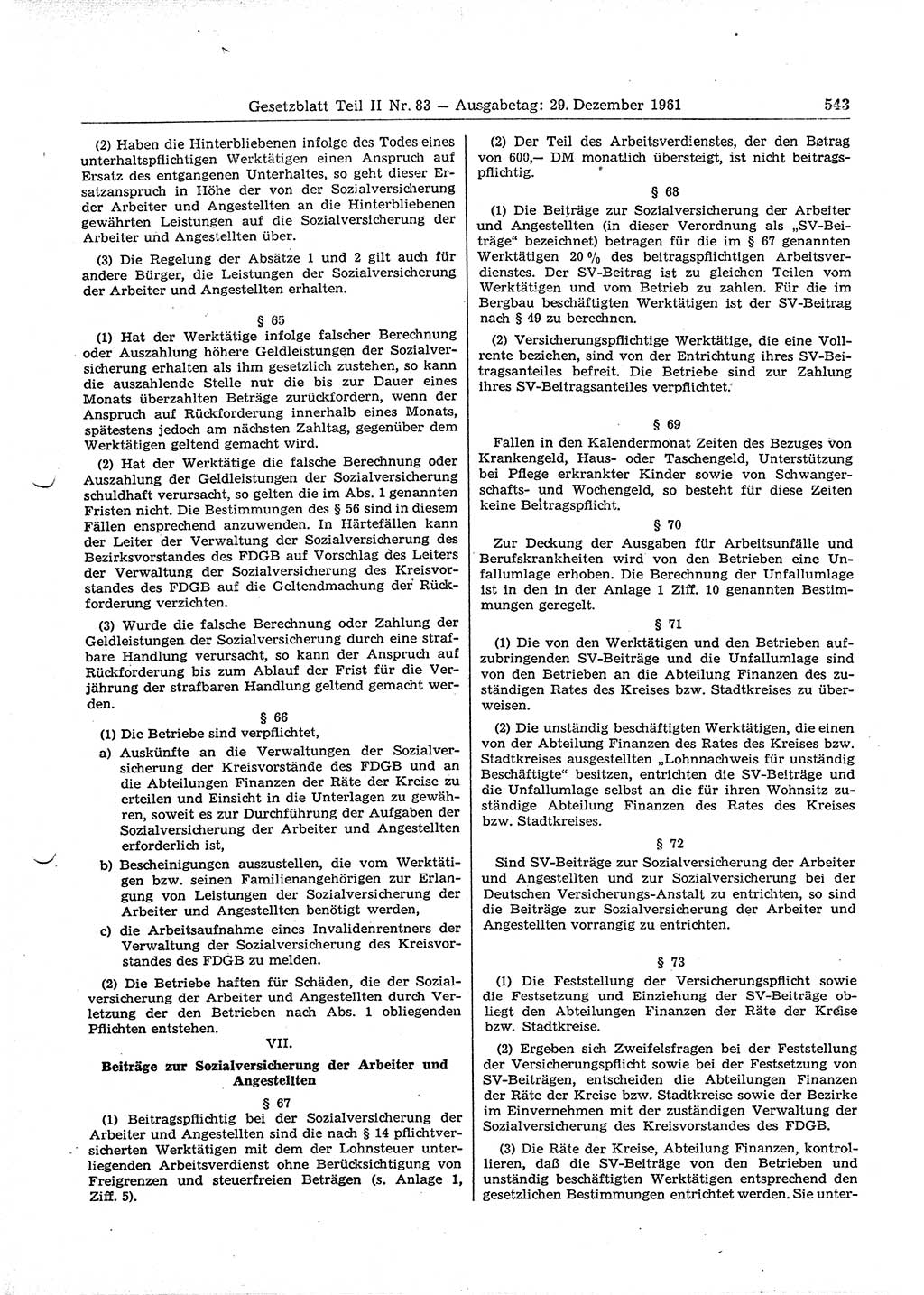 Gesetzblatt (GBl.) der Deutschen Demokratischen Republik (DDR) Teil ⅠⅠ 1961, Seite 543 (GBl. DDR ⅠⅠ 1961, S. 543)