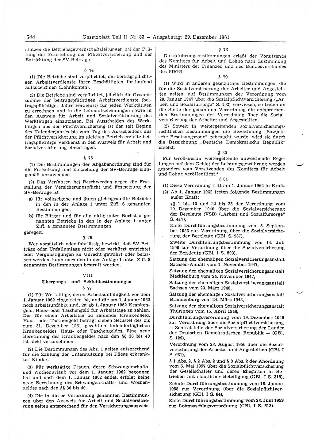 Gesetzblatt (GBl.) der Deutschen Demokratischen Republik (DDR) Teil ⅠⅠ 1961, Seite 544 (GBl. DDR ⅠⅠ 1961, S. 544)