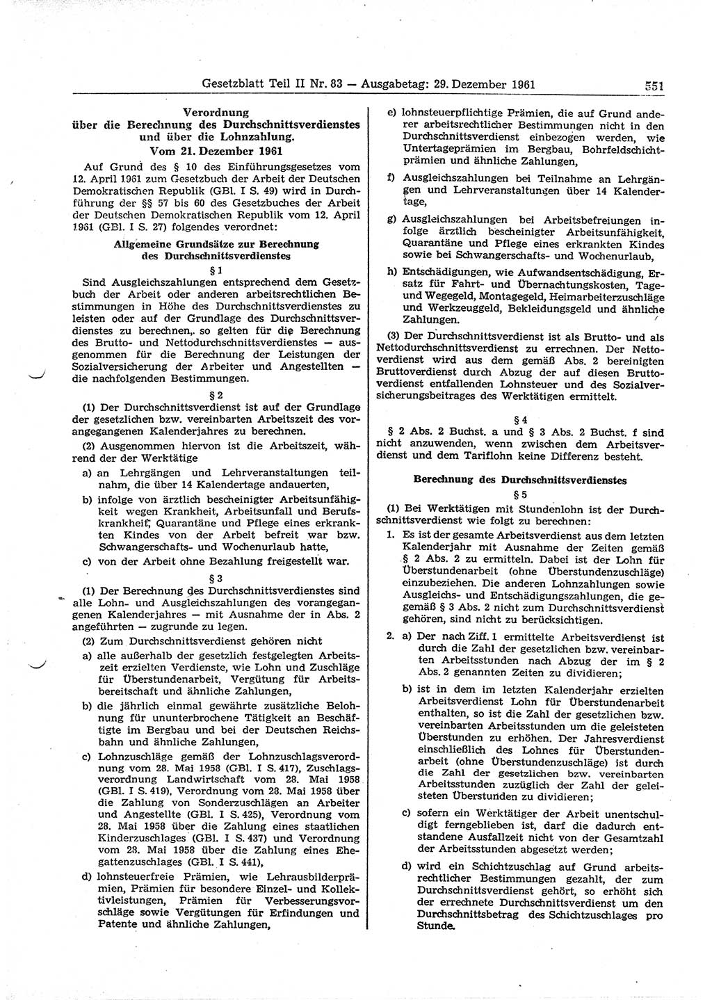 Gesetzblatt (GBl.) der Deutschen Demokratischen Republik (DDR) Teil ⅠⅠ 1961, Seite 551 (GBl. DDR ⅠⅠ 1961, S. 551)